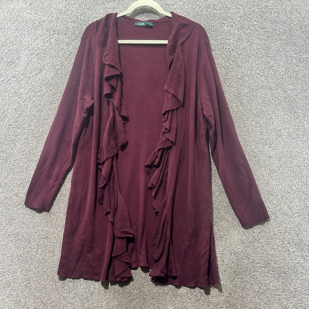 Lauren Ralph Lauren Cardigan Sweater Womens XL Burgundy Ruffle Open Front Office